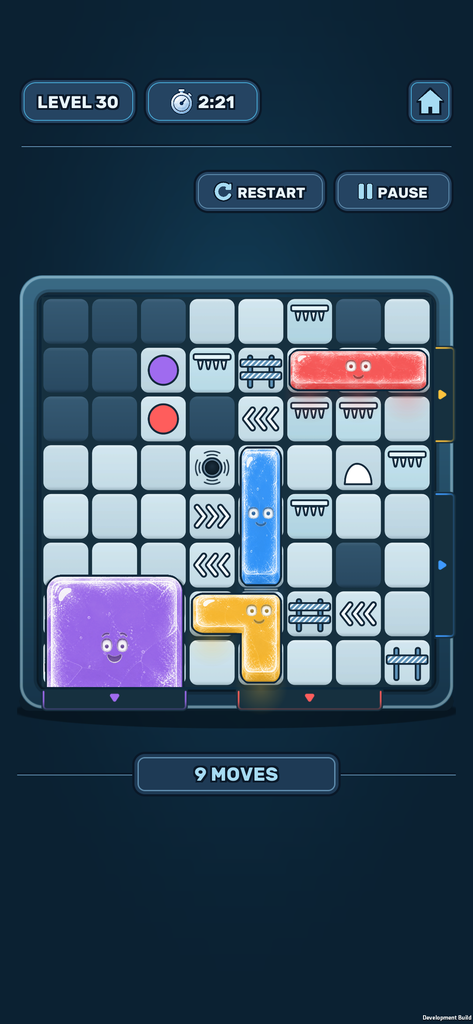 An eight by eight board of ice blocks, braziers, frost, icicle valves and snowdrifts, with a purple block halfway out through the doorway of its own colour.