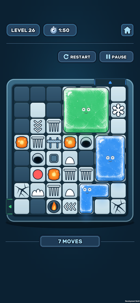 A board part-solved: a green square, a blue slab and a blue L shape among braziers, frost and thin ice.