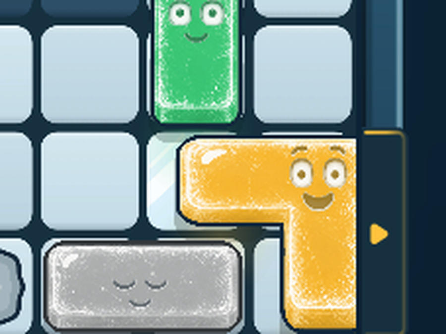 Close-up: a smiling yellow block pressed into the doorway of its own colour, a green block above it and a boulder below.