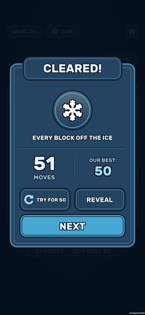 The panel after clearing a board, showing the move count beside our own best route.
